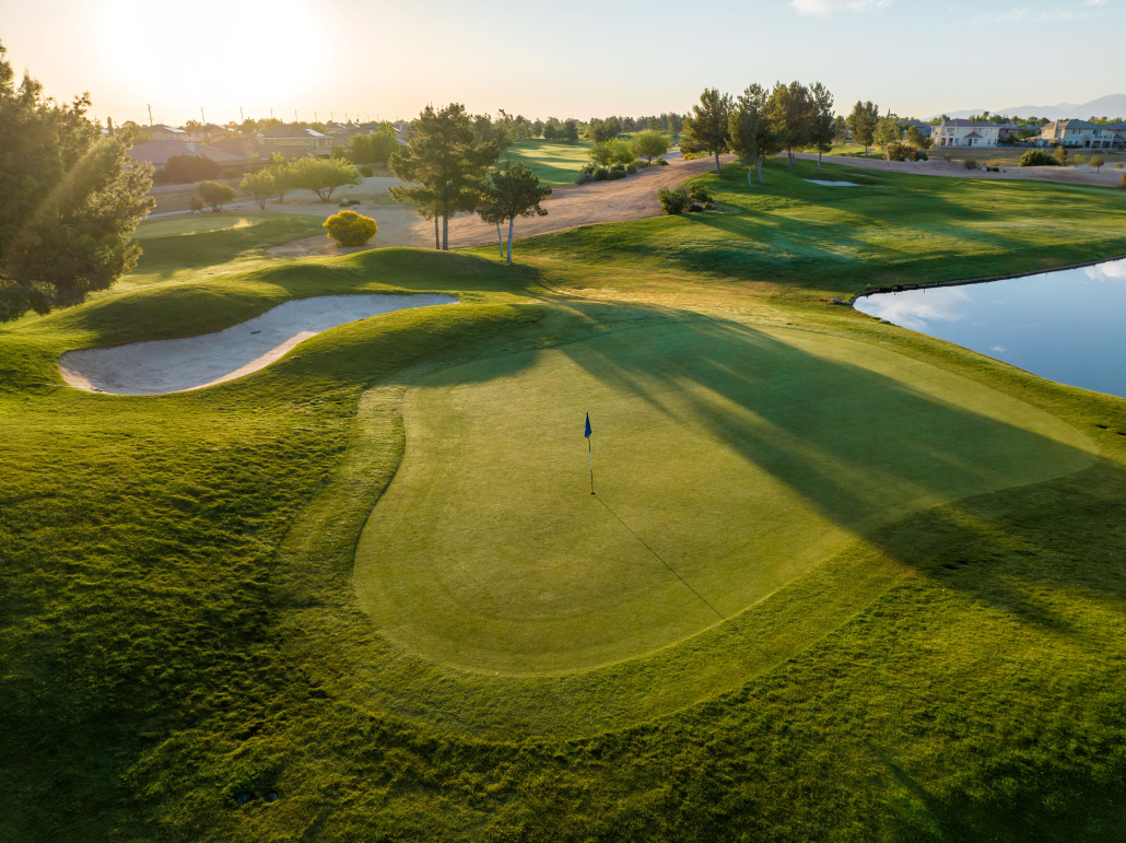 Bird's eye view of golf course with bunkers